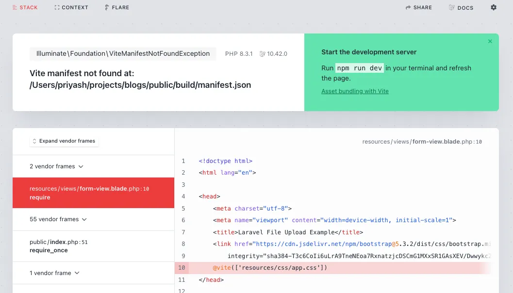 Error screenshot from missing Laravel Vite Manifest