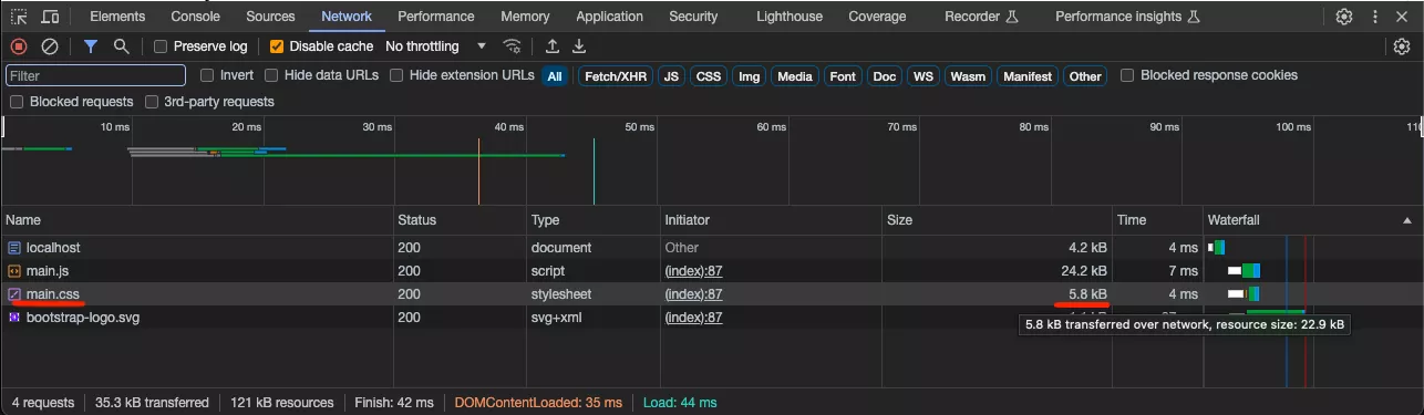 Screenshot of browser inspector highlighting css bundle size of 5.8 KB   